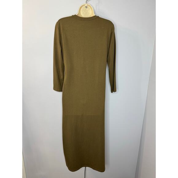 THEORY Button-Hem Ranmire Knit Midi Dress Faded Army Green Casual Wardrobe Sz L - Picture 5 of 10